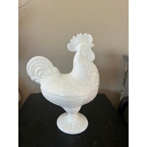 Vintage Milk Glass Rooster Lidded Candy Dish – White Glass Collectible
